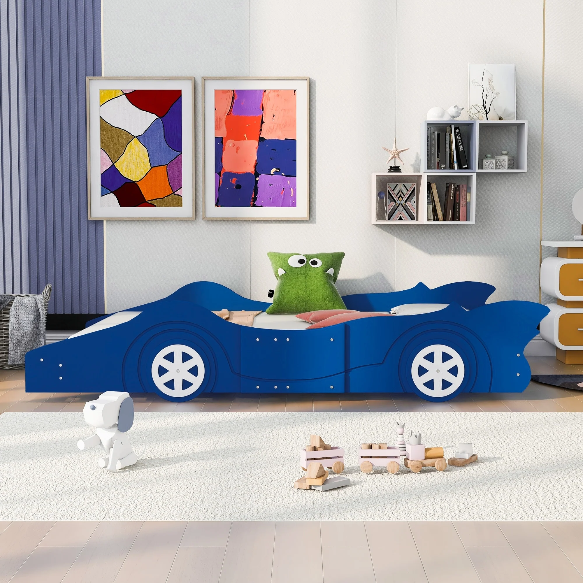 Race Car-Shaped Full Size Platform Bed with Sturdy Slats and Safety Rails