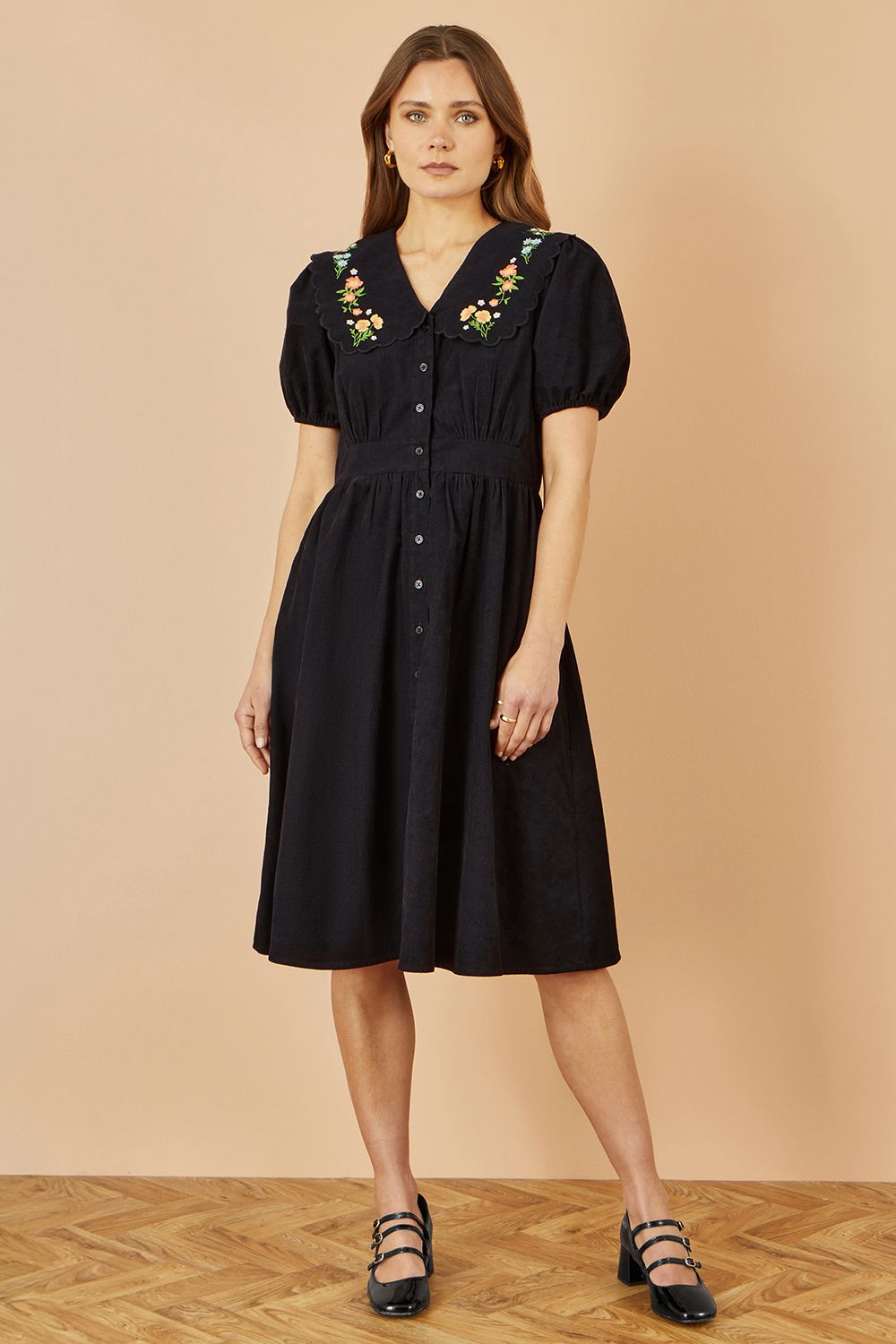 Yumi Black Embroidered Collar Cord Tea Dress