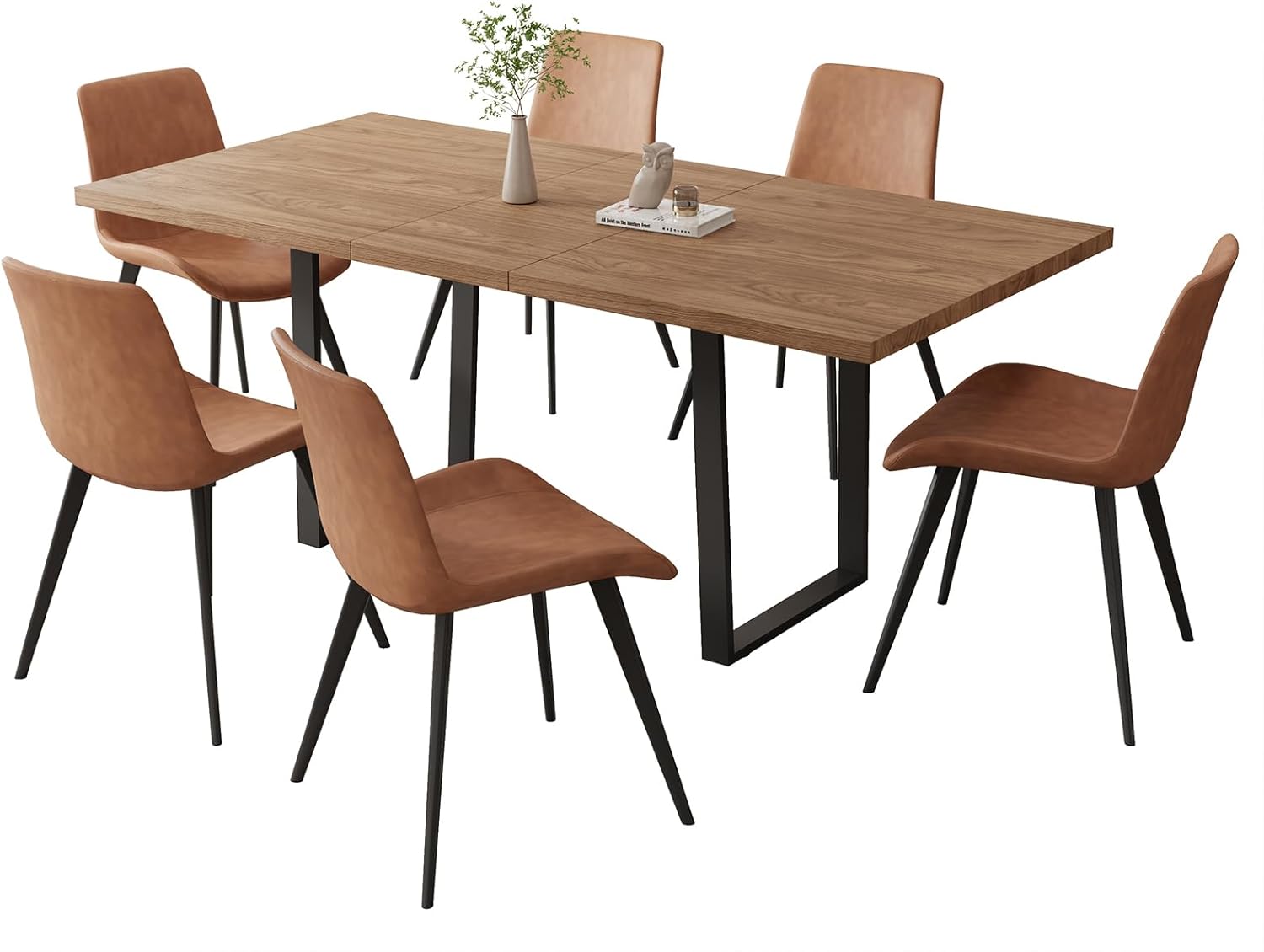 ZckyCine 67 Expandable Walnut Dining Table and 6 Upholstered Chairs, 7-Piece Dining Room Furniture Set, Mid-Century Modern Style for Home, Dining Room and Kitchen