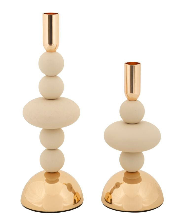 Set van 2 crèmekleurige en gouden metalen kaarsenhouders