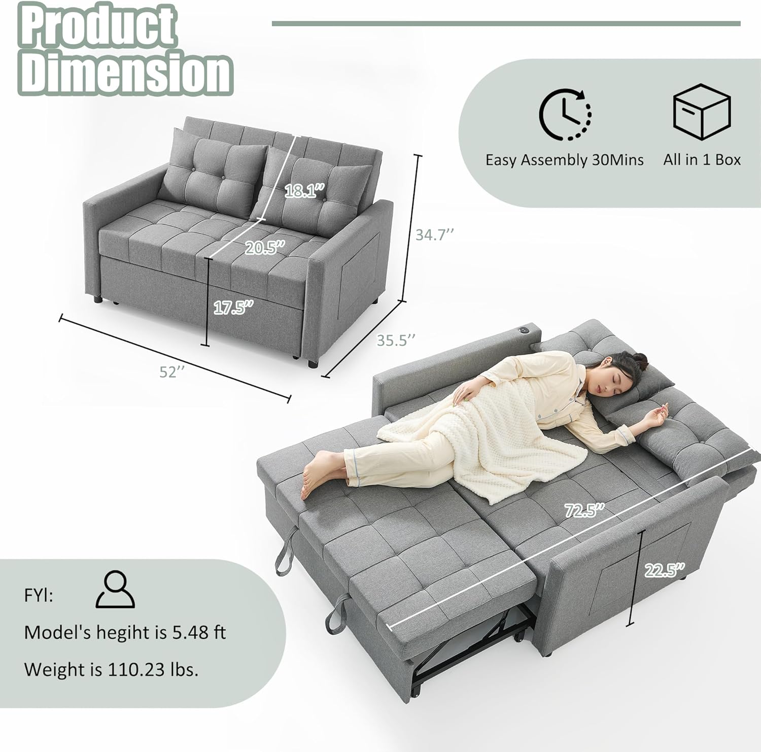 52 Sleeper Sofa with Pull-Out Bed, 3-in-1 Convertible Sofa Bed, Set of Loveseat with Stepless Adjustable Backrest and Side Pocket, for Living Room Dorm Apartment, Linen, Light Gray