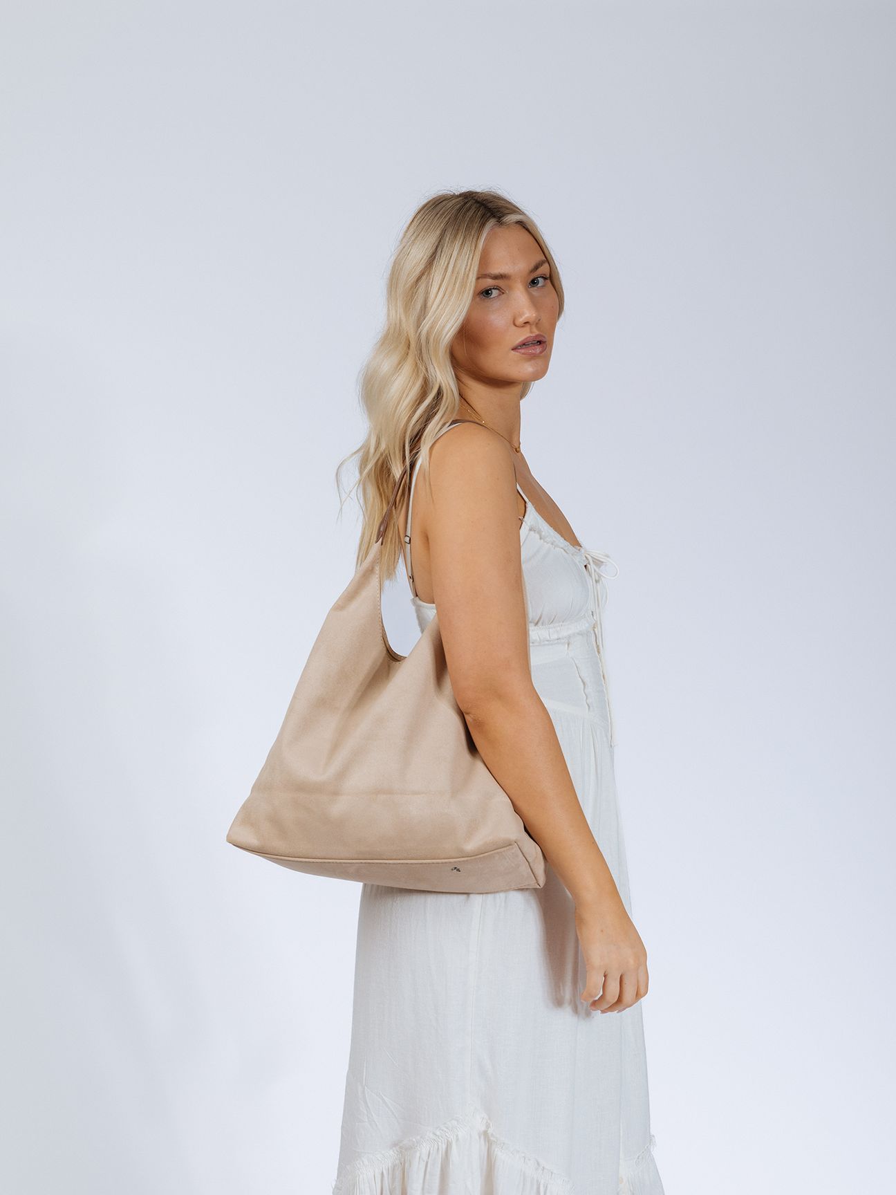 SVNX Suede Hobo Shoulder Bag in Beige