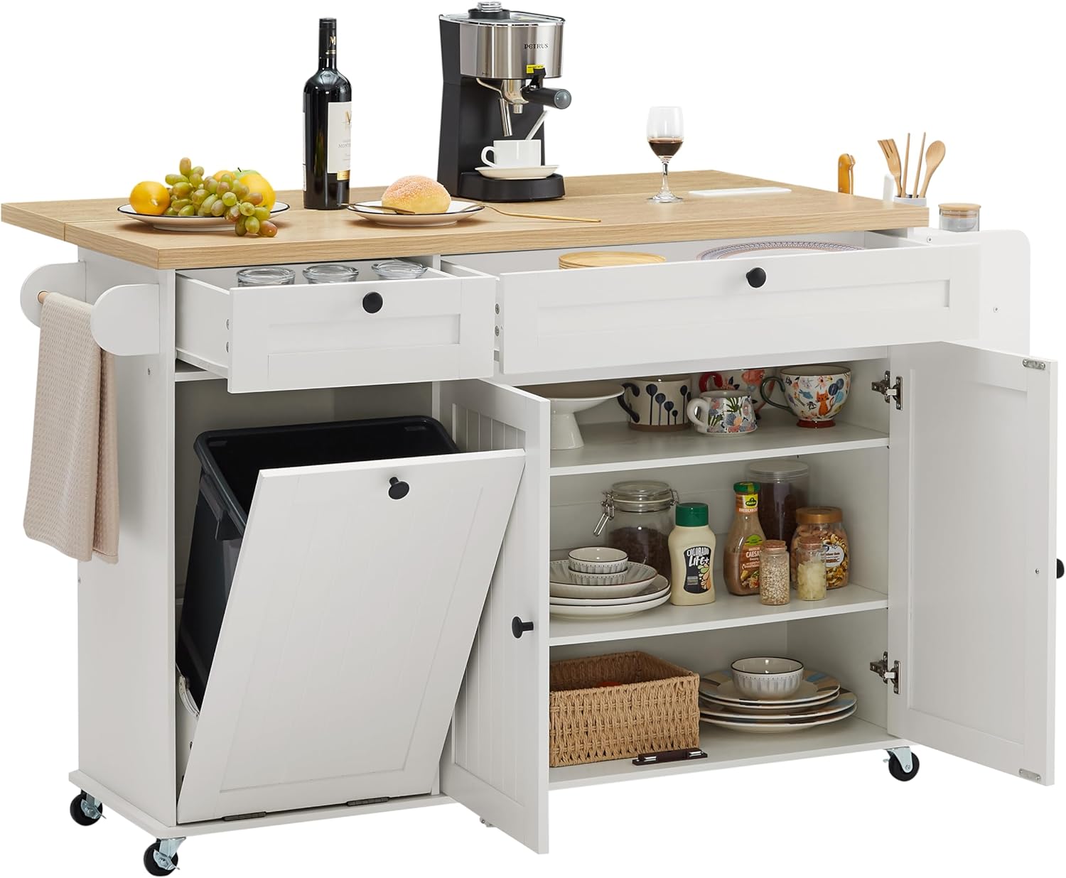 60 Kitchen Island with Power Outlet & Drop Leaf, Kitchen Rolling Island with Spice Rack & Towel Rack, Knife Holder, Kitchen Island Cart with Trash Storage Cabinet, Mobile Island Table for Kitchen