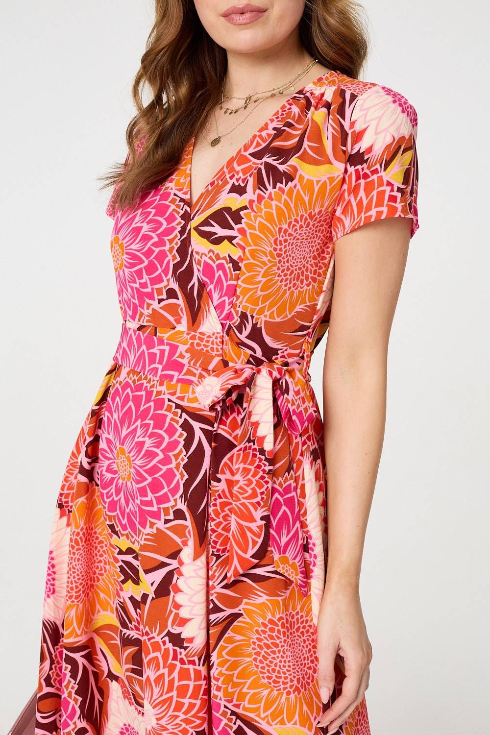 Izabel London Floral Short Sleeve Tie Waist Midi Dress