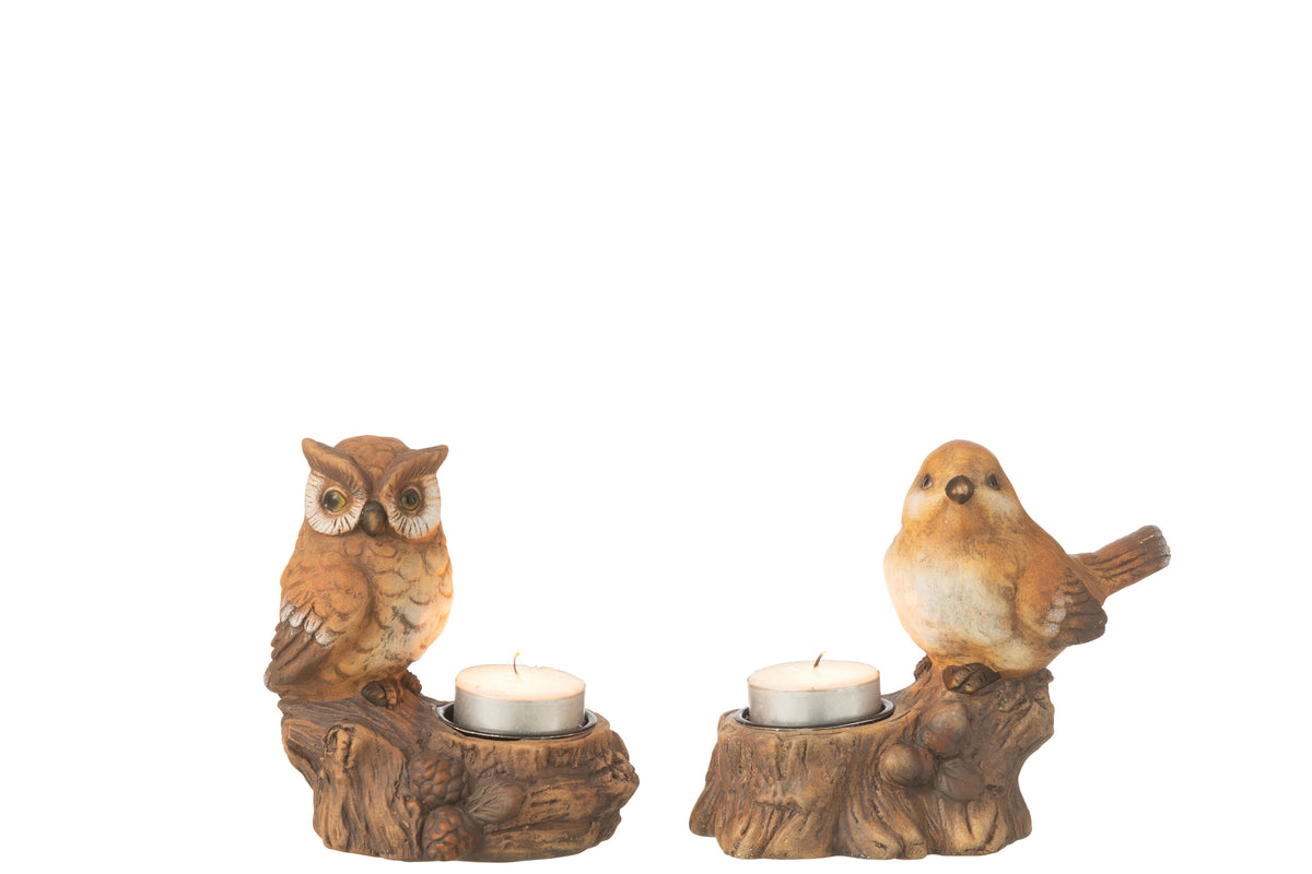 J-Line windlicht   uil - porselein - bruin - 2 stuks