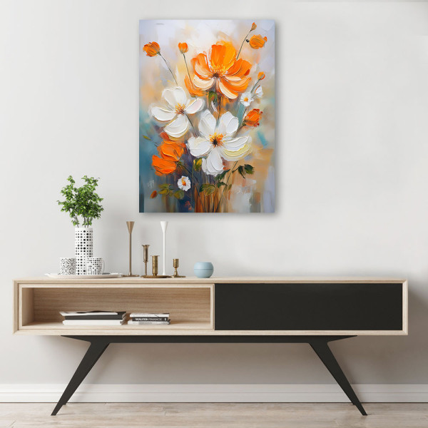Feeby Obraz na płótnie, Kwiaty polne Biało Pomarańczowe 40x60
