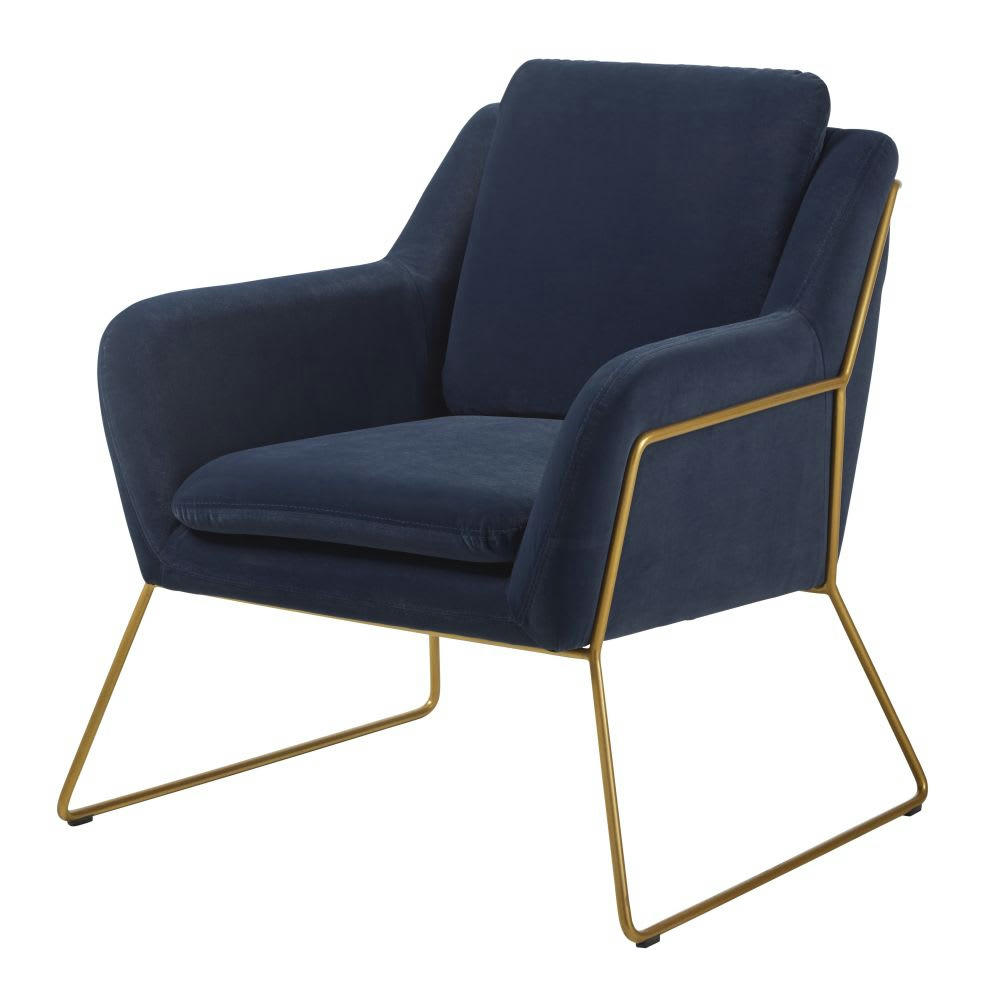 Jasper - Fauteuil en velours bleu nuit et coloris laiton