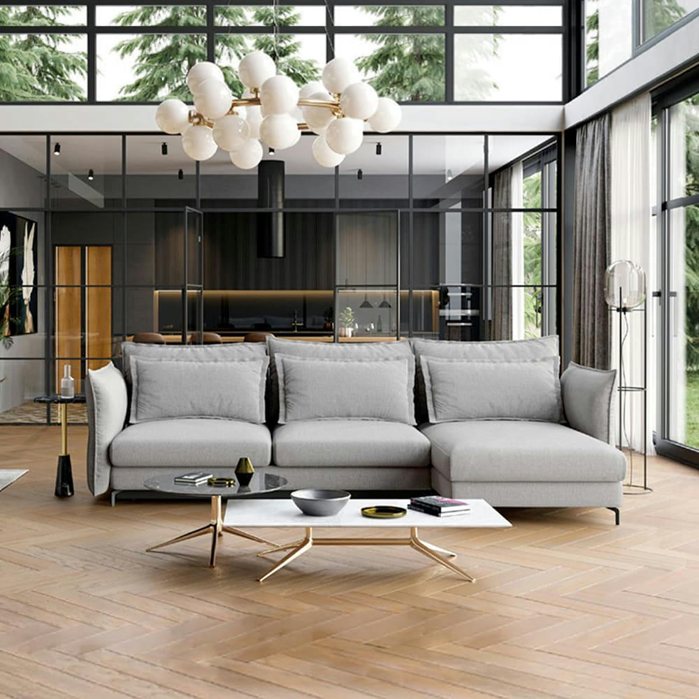 VERDURO - Canapé 3 places tissu angle droit gris clair