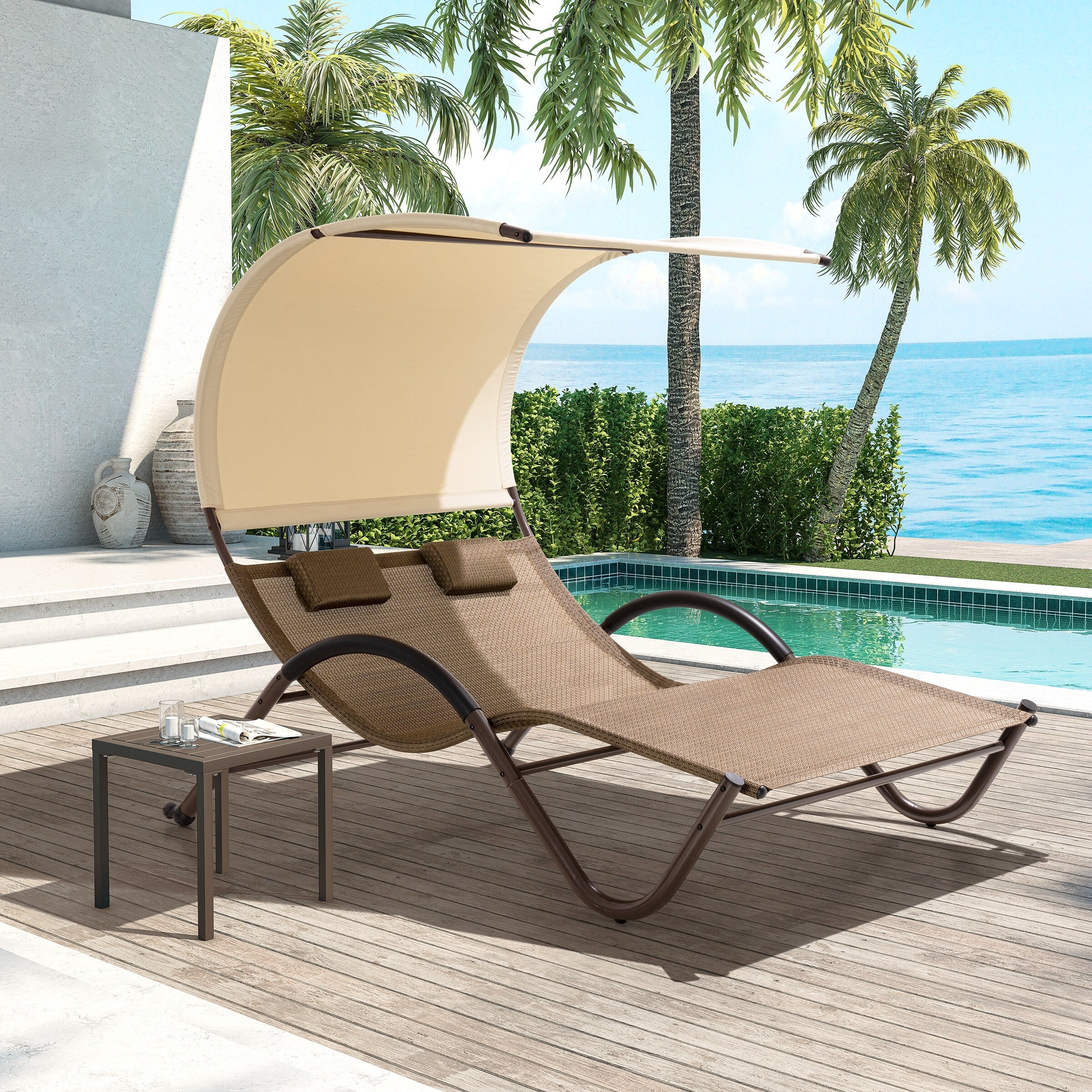 Outdoor Double Chaise Lounge Chair Double Sun Bed Lounger with Canopy Shade & Wheels - 72.83 D × 54.33 W ×65.35 H