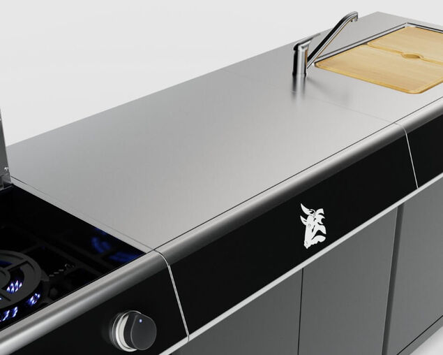 Beefmaster Premium 4 Burner Outdoor Kitchen with Range, Sink & Bench on Classic Carts