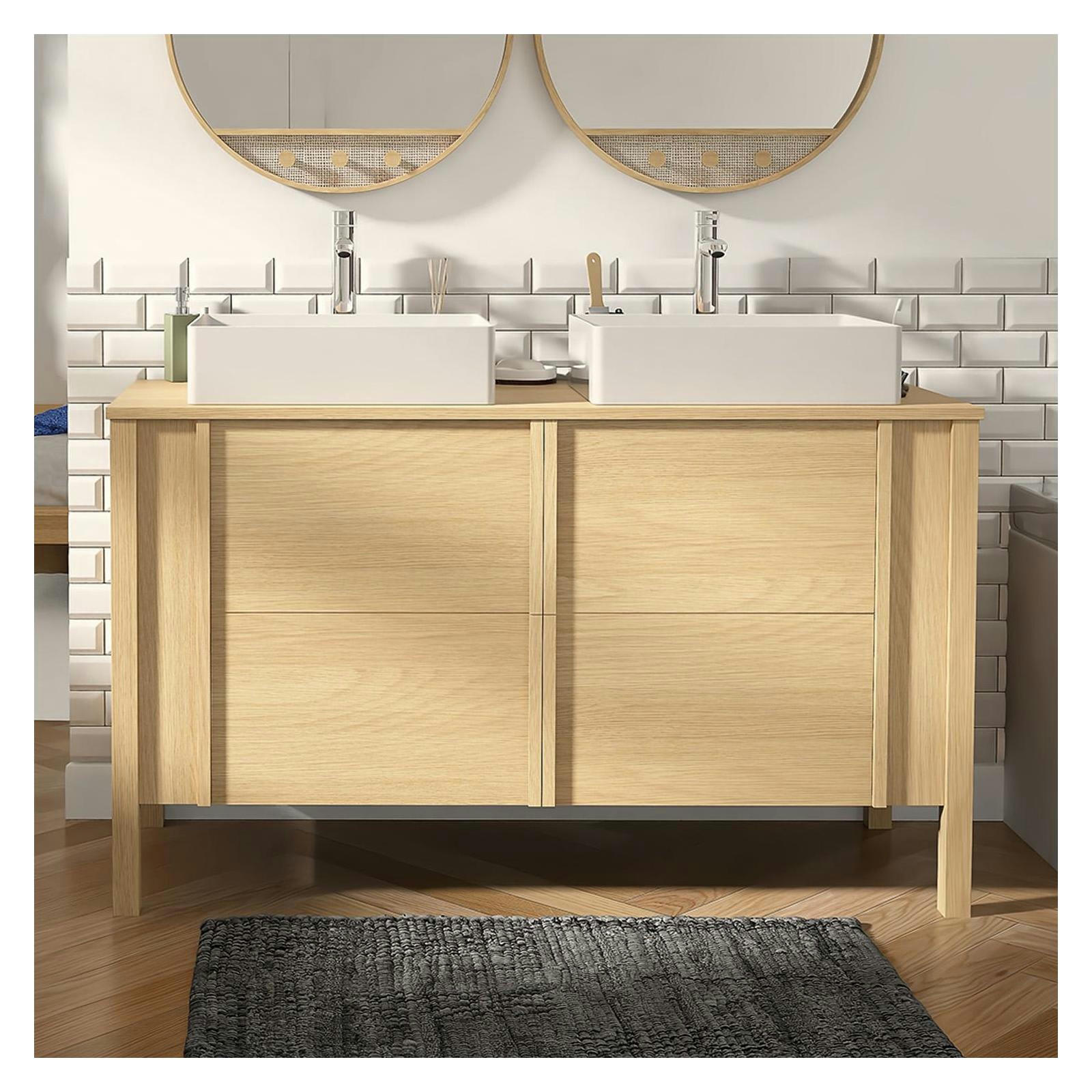NESTO - Meuble double vasque 130cm chêne  portes lisses + vasque + robinet