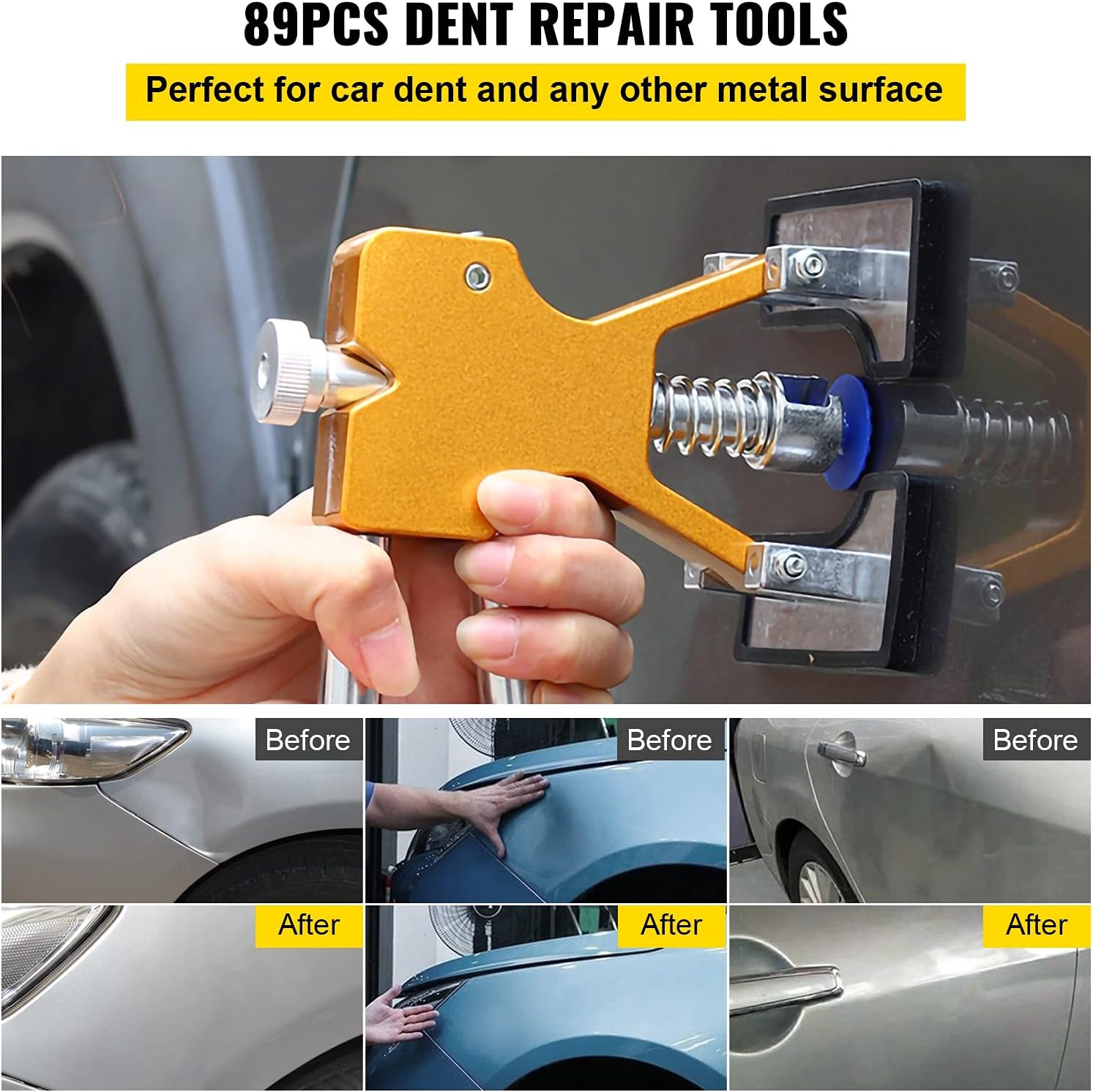 VEVOR Dent Puller Kit, 89 PCS Paintless Dent Repair Kit with Remover Tools, Golden Lifter & Glue Tabs for Car Dents, Door Ding Repair