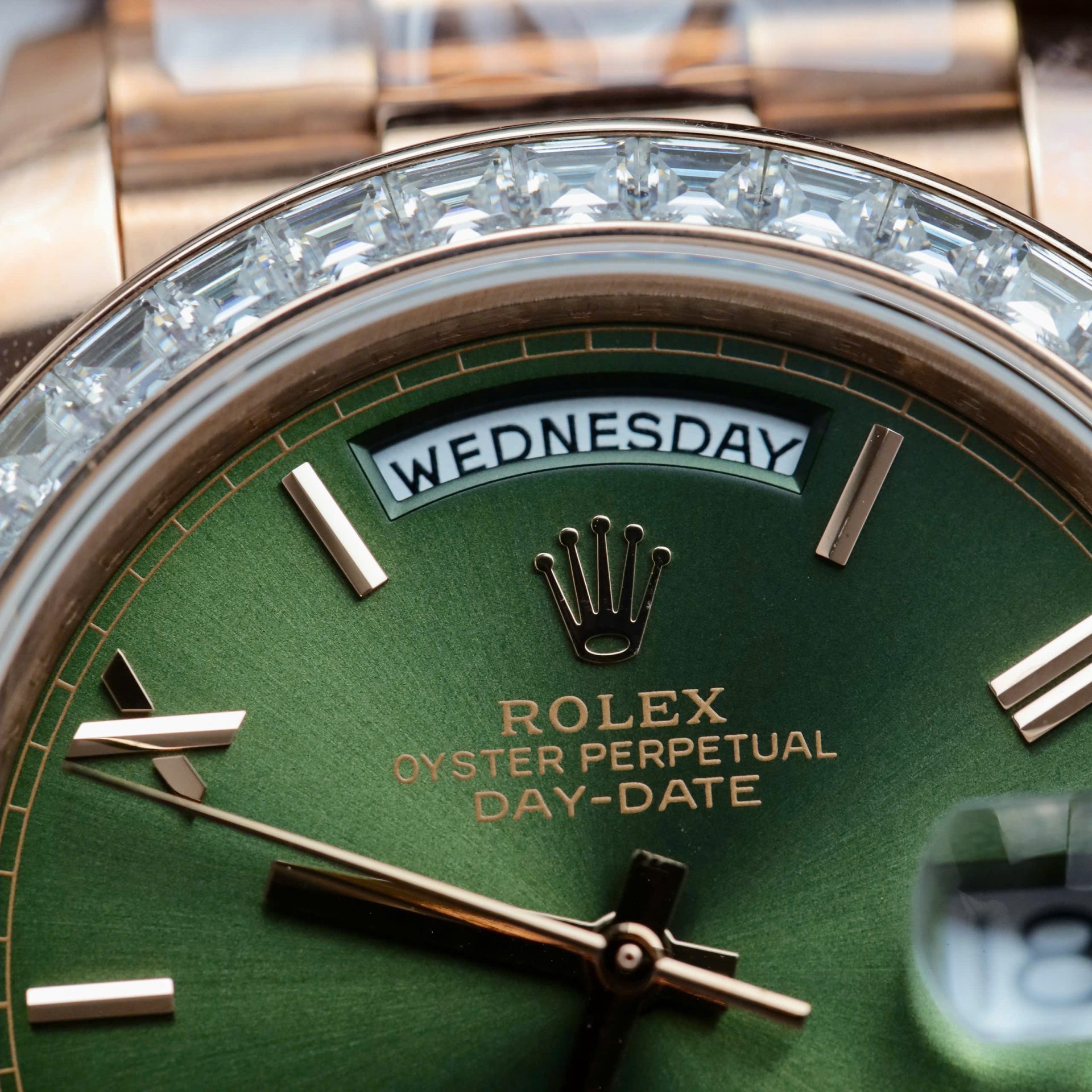 Rolex Day-Date RG Plated Green Dial Baguette Diamond 40mm Super Clone