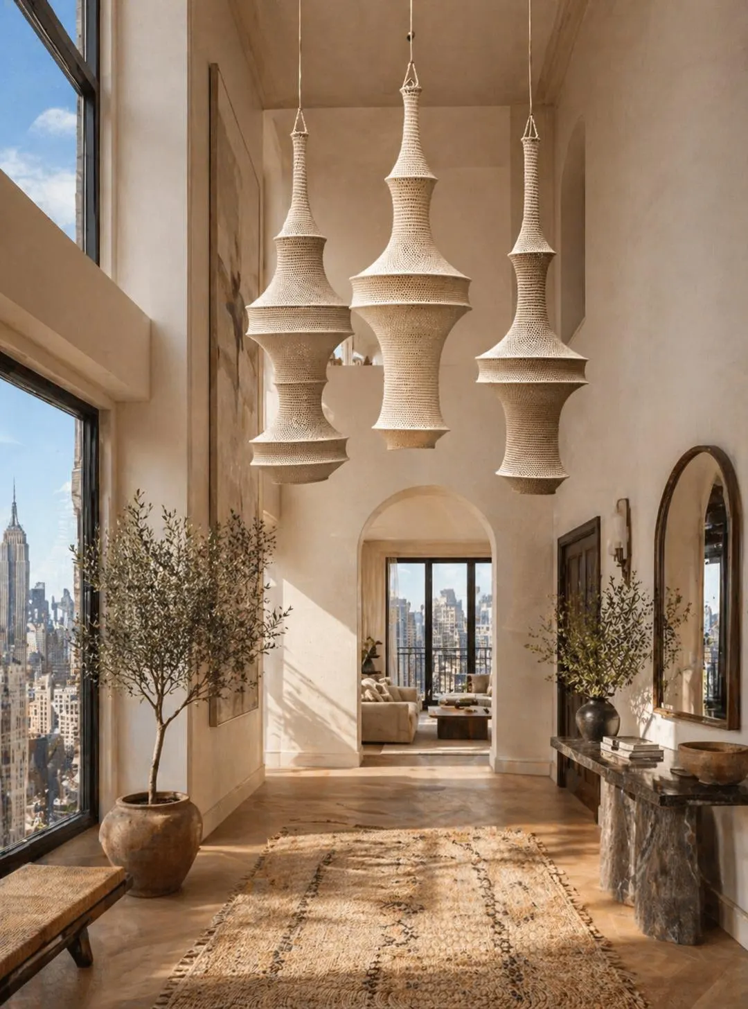 Set of 3 Large Handmade Pendant Light for High Ceilings, Nylon Hamimi Design Lamp