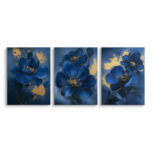 3x Obraz Set Niebieskie Kwiaty W Stylu Glamour 90x40cm