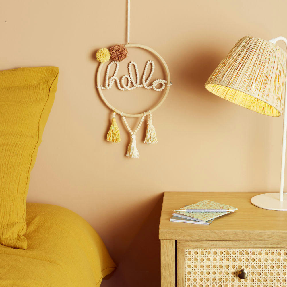HELLO - Déco murale à suspendre en rotin et coton 21x31