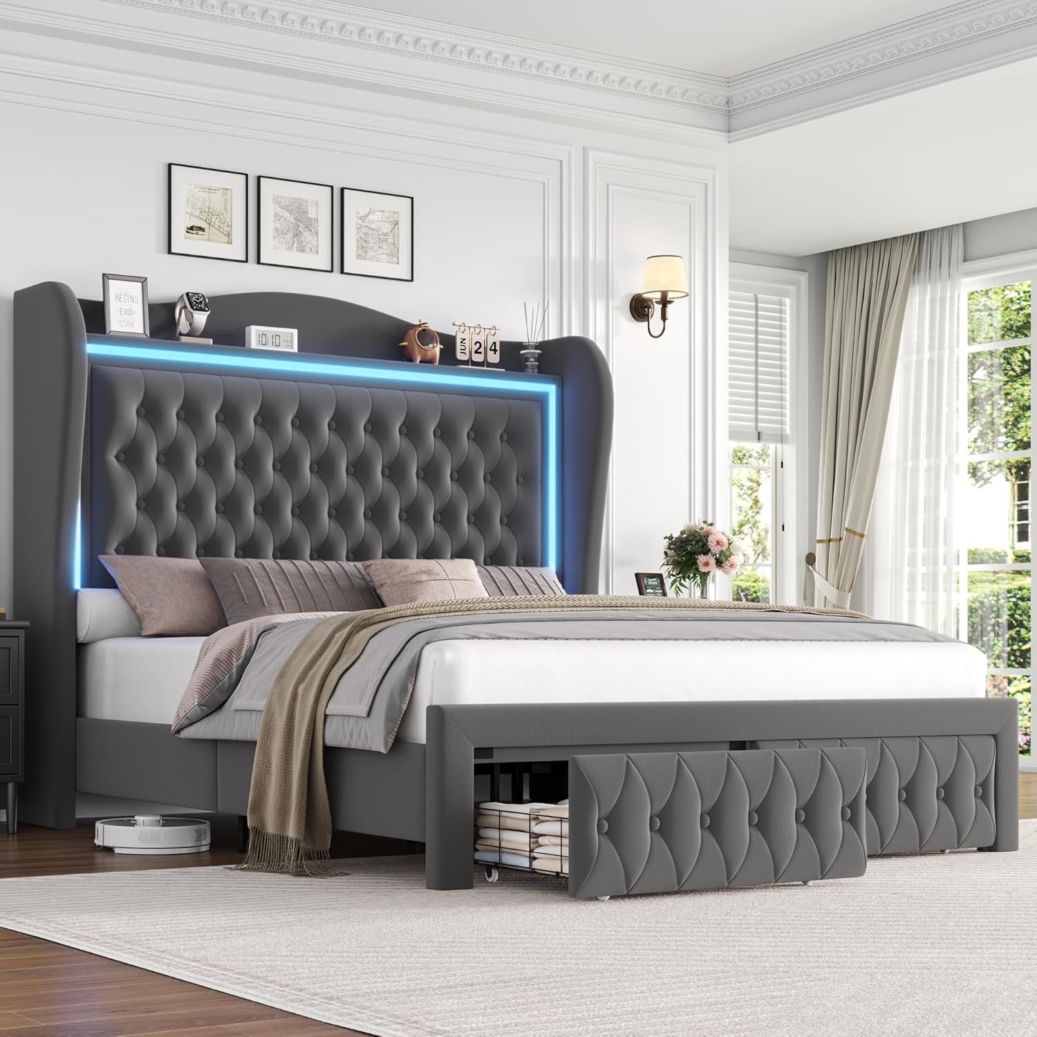 Queen Bed Frame 55 Tall Headboard with LED Lights, Buttons Tufted Velvet Upholstered Platform Bed Frame with 2 Storage Drawers, Wood Slats Support Mattress Foundation, No Box Spring Needed, Grey