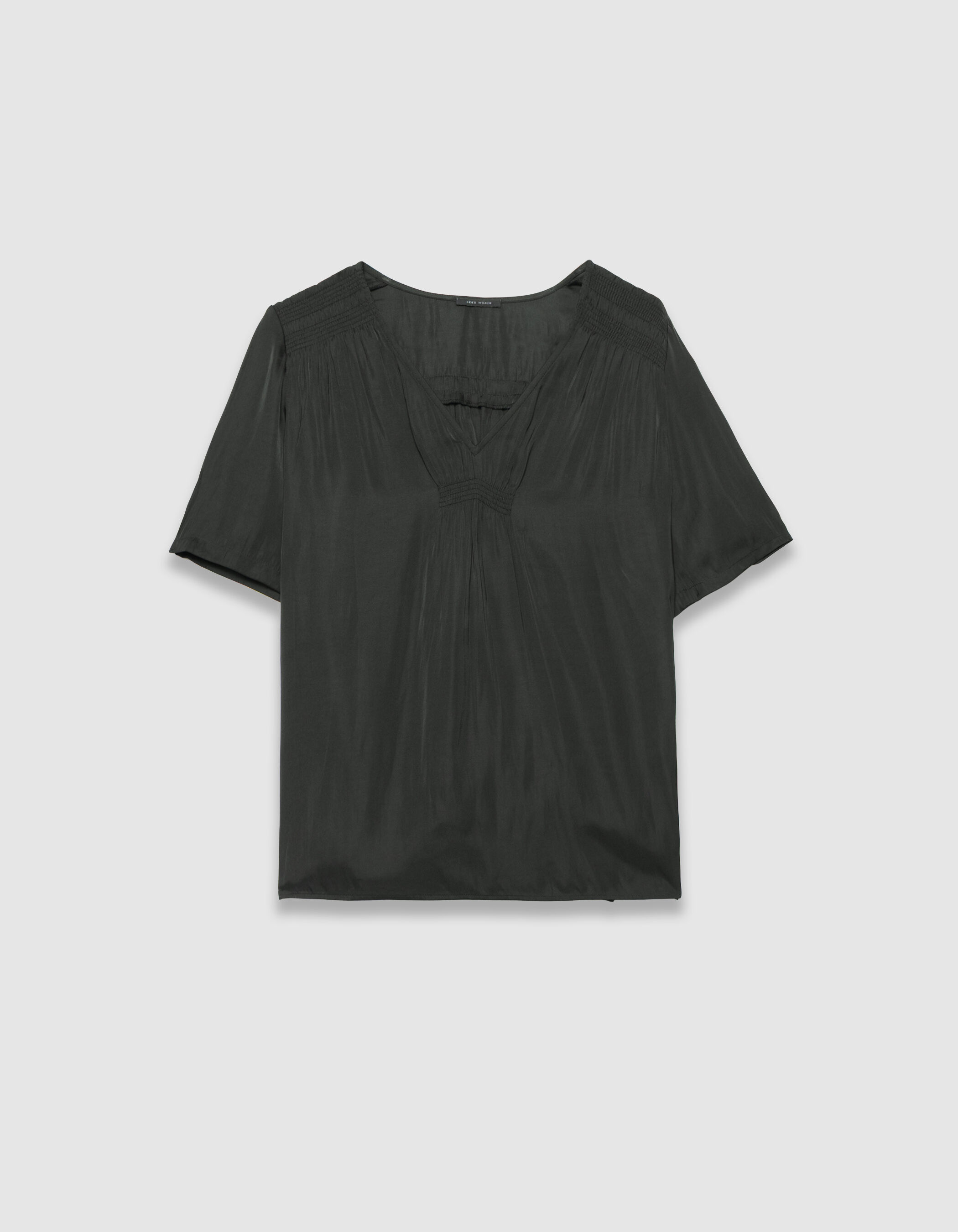 Top manches courtes kaki satiné détails smocks Femme