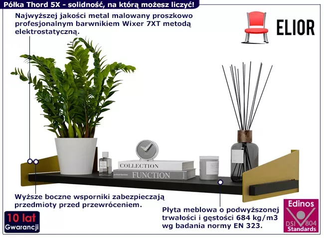 Nowoczesna wisząca półka z metalowym stelażem złoty   czarny - Maska