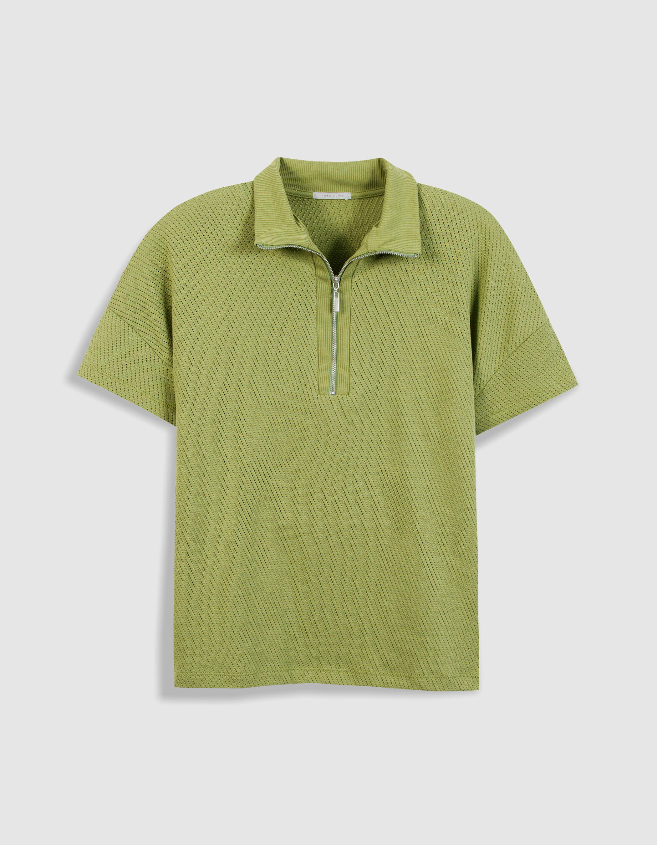 Tee-shirt col zippé vert maille fantaisie Femme