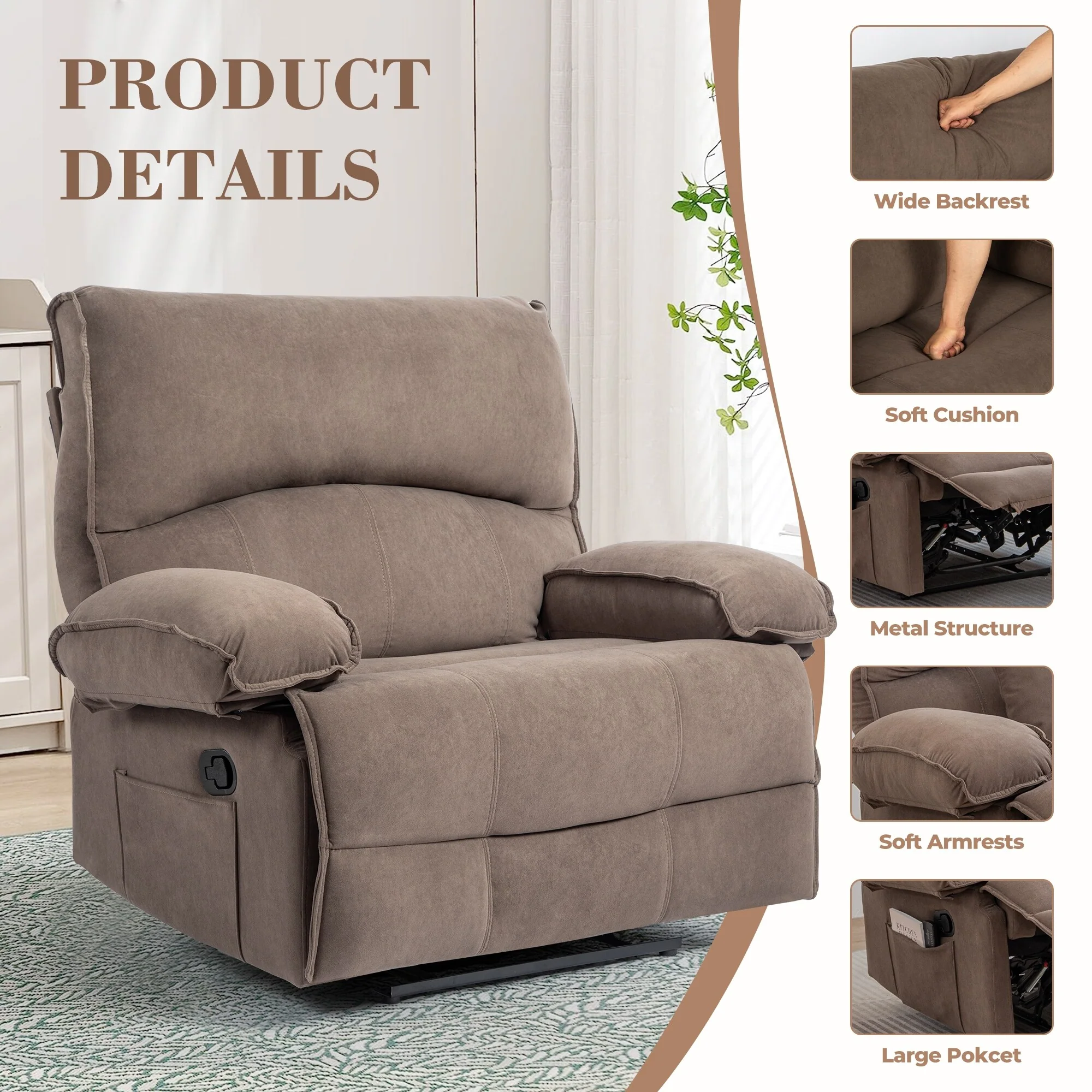 Push-Back Recliner Chair with Massage Pillow, Wide Seat, and Easy Assembly
