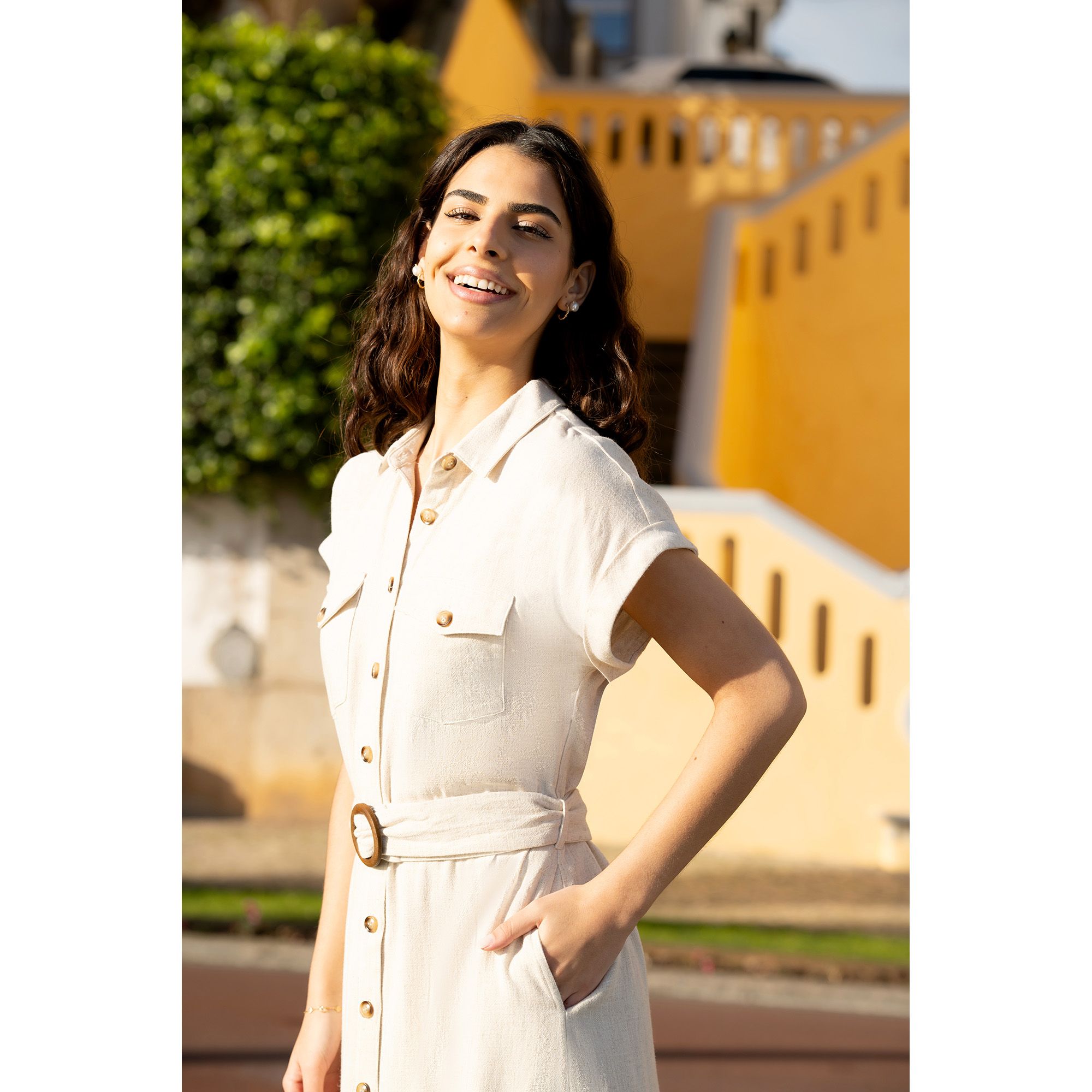 Yumi Viscose Linen Look Midi Shirt Dress With Wooden Belt