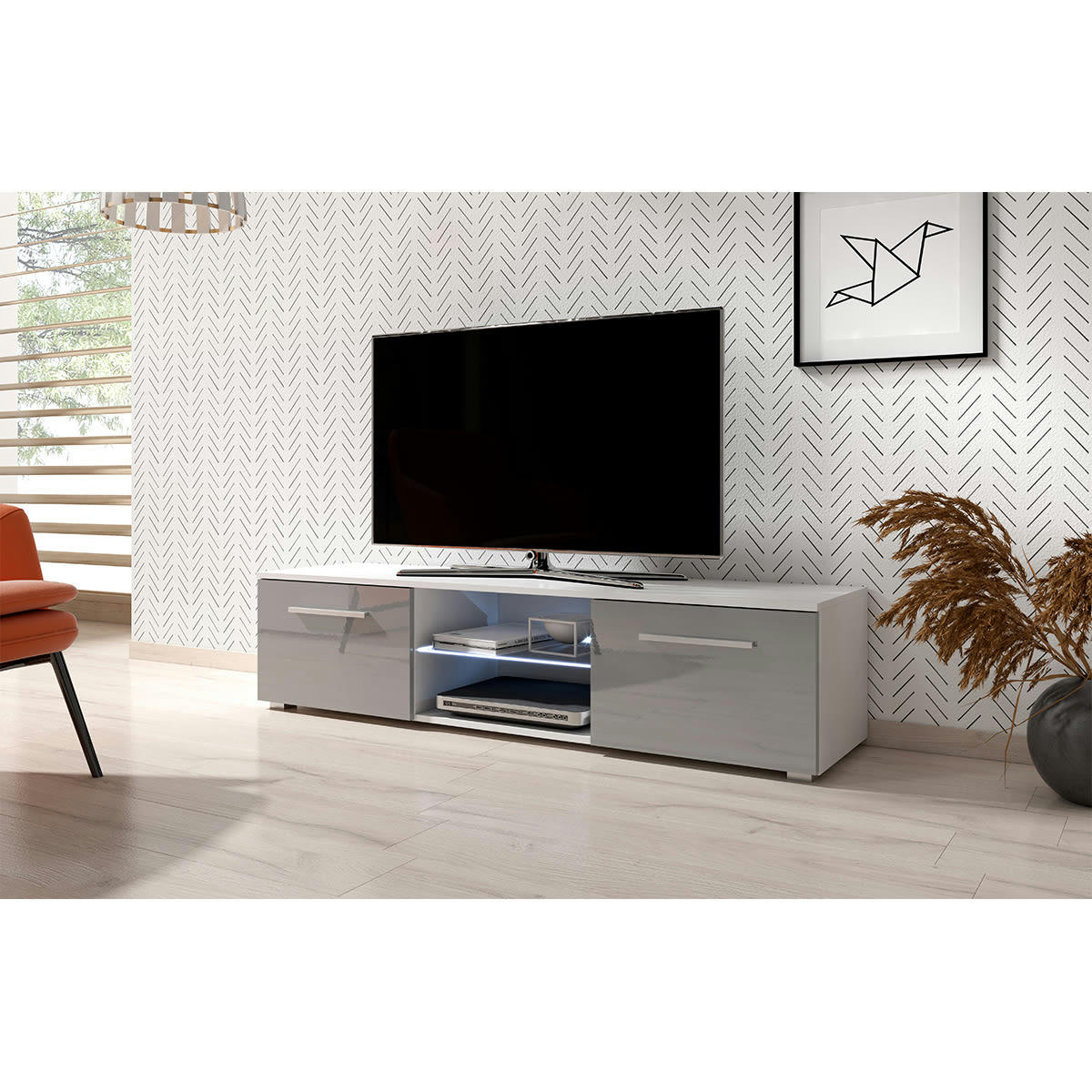 - Meuble tv 2 portes 140 cm avec led blanc et gris