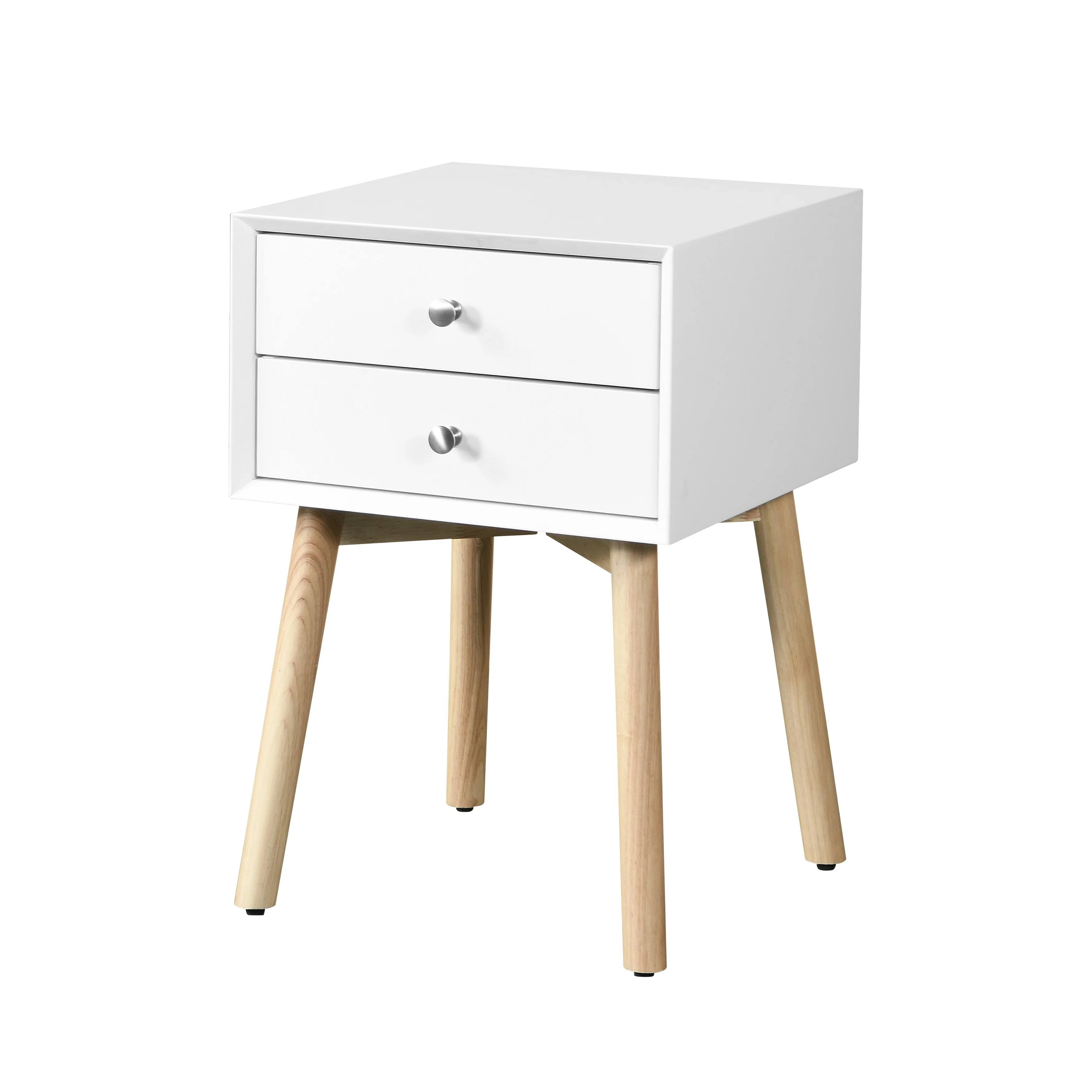 Side Table, Bedside Table With 2 Drawers And Rubber Wood Legs