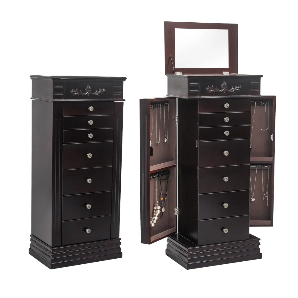 Large Mirror Jewelry Armoire Front Storage Chest Stand Organizer with 8 Drawers