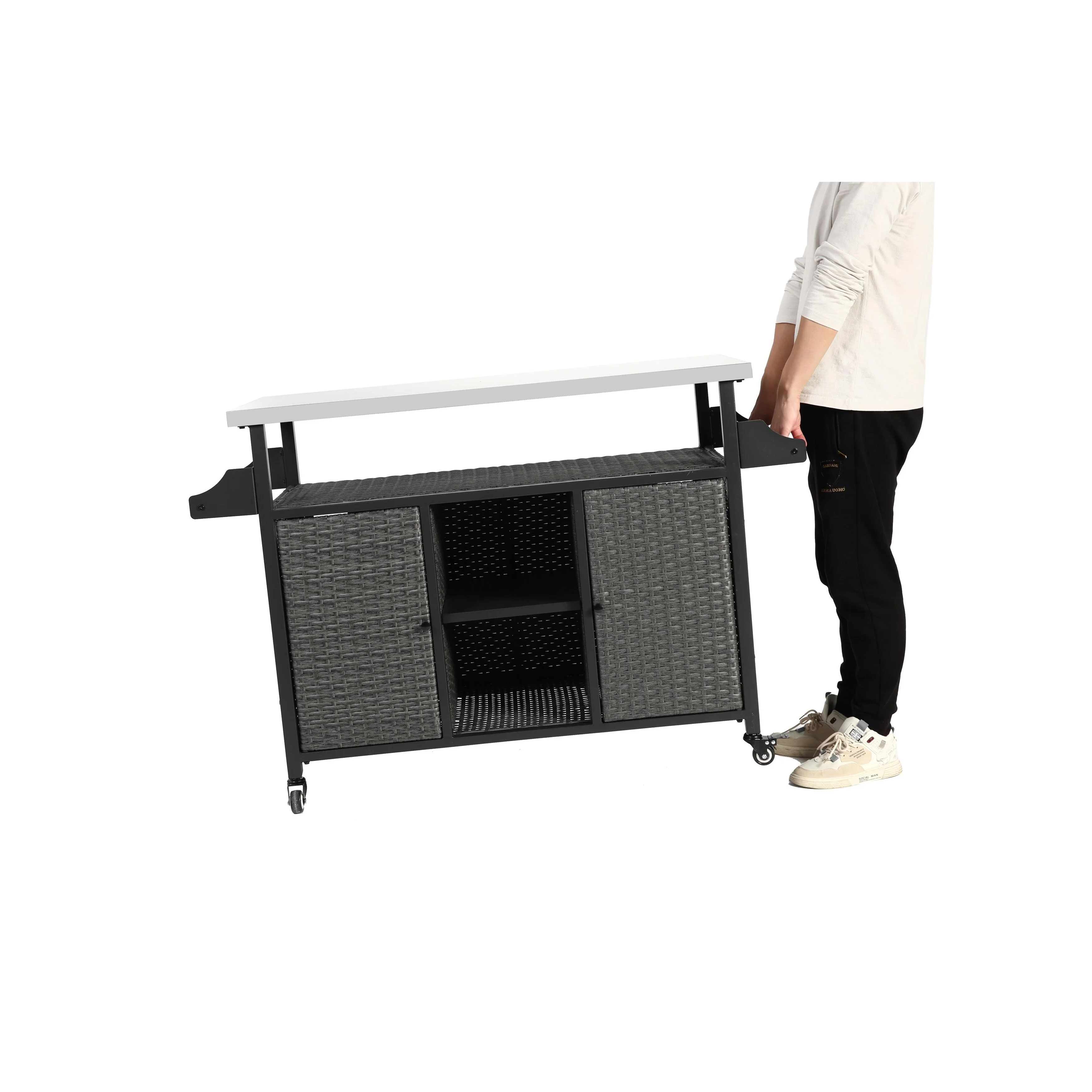 Large bar cart,Outdoor Kitchen Wicker Island Rolling Cart & Storage Cabinet, Wheels and Stainless Steel Extended Table Top