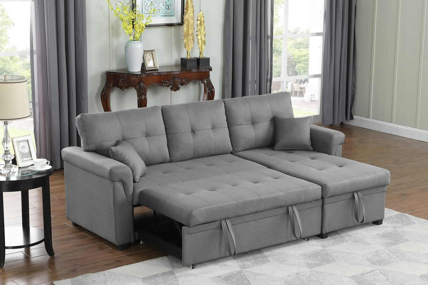 TORONTO - Canapé d'angle droit convertible 4 places en tissu gris clair