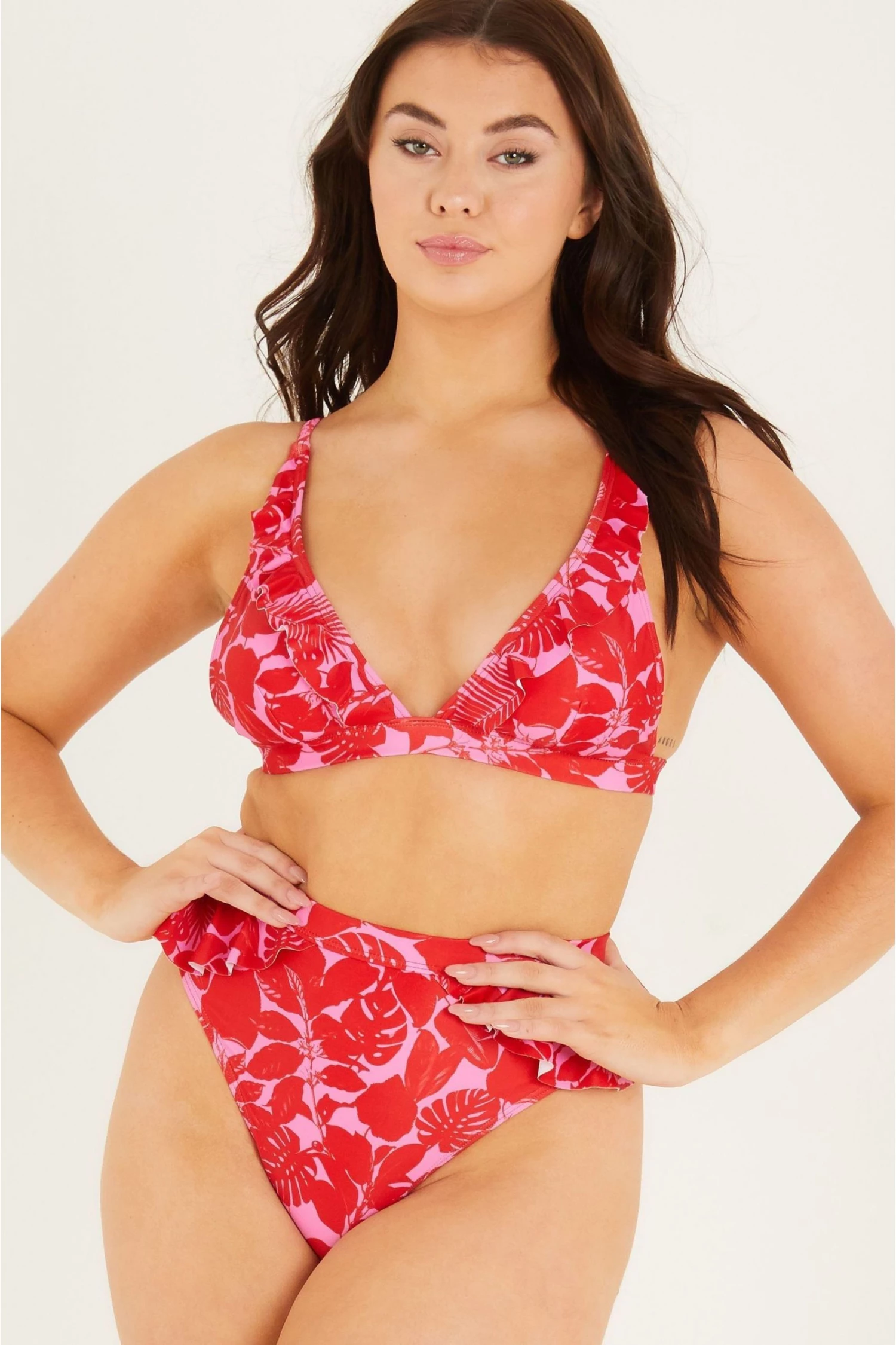 Quiz Multi Tropical Print Frill Bikini Top