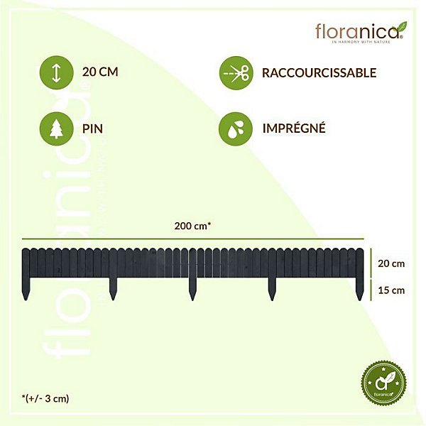 Floranica Bordure de Jardin Flexible 20 x 200 cm Anthracite Clôture de Pelouse en Bois, Palissade de Jardin Extérieur