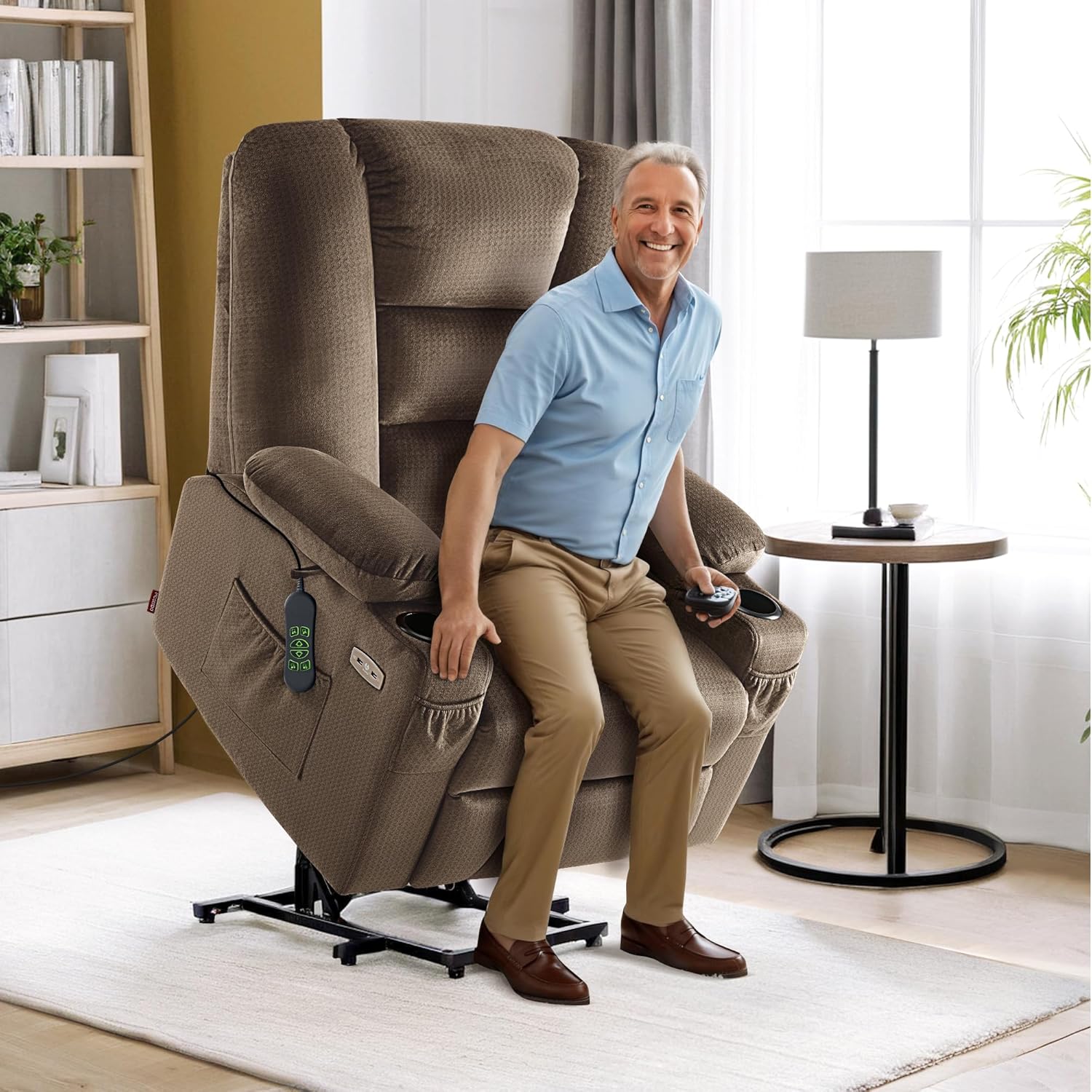 MCombo Large Power Lift Recliner Chair Sofa with Massage and Heat for Big and Tall Elderly People, 3 Positions, Cup Holders, and USB Ports, Fabric 7549 (Large, Brown)