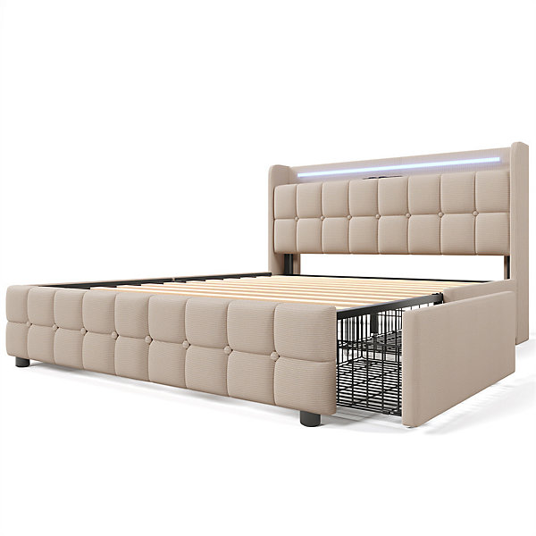 Lit rembourré 180x200cm lit de rangement lit 4 tiroirs lit éclairage led lit sommier à lattes en bois lit double lin beige
