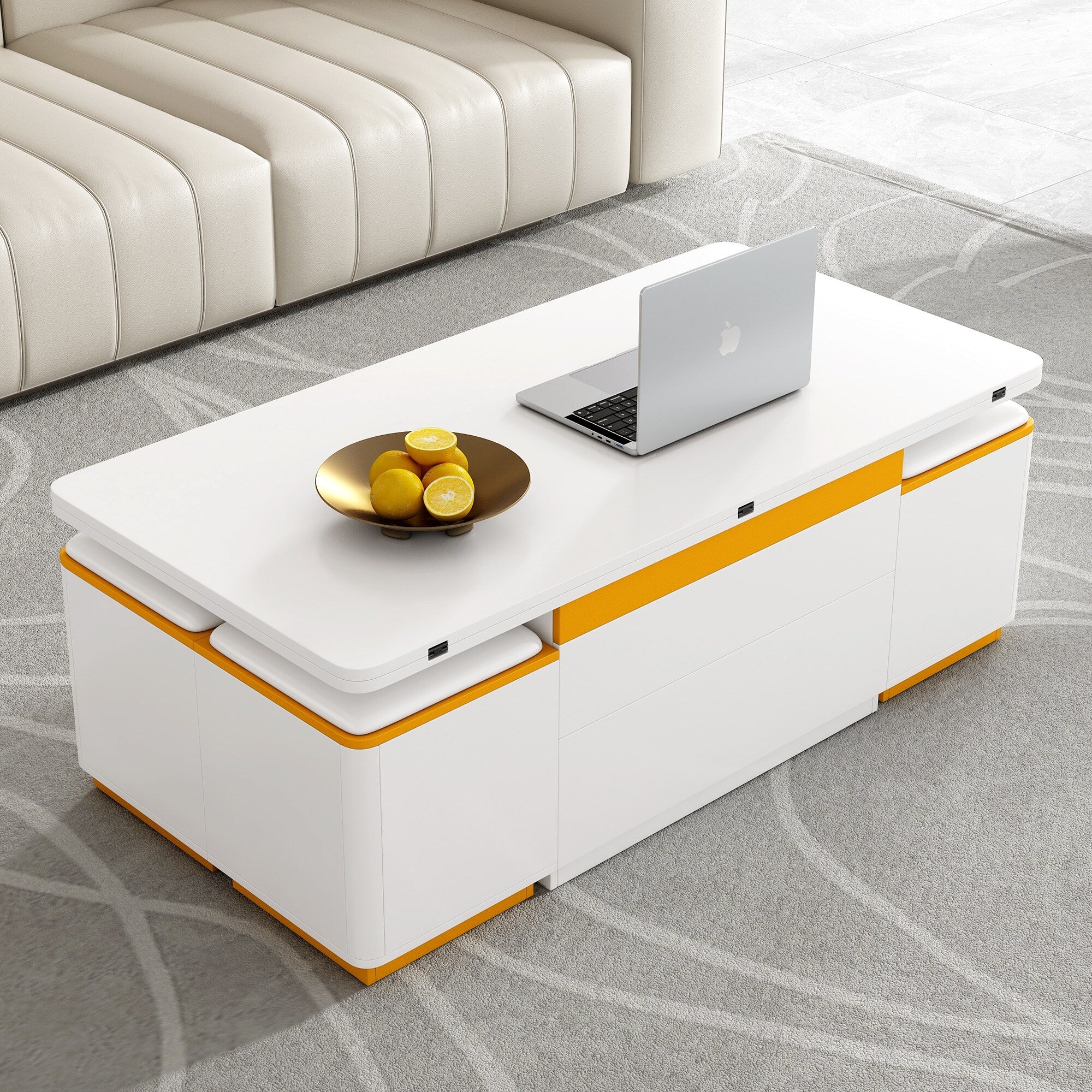 Contemporary Lift-Top Center Table With 4 Hidden Storage Ottomans - Foldable Multi-Purpose Coffee Table .