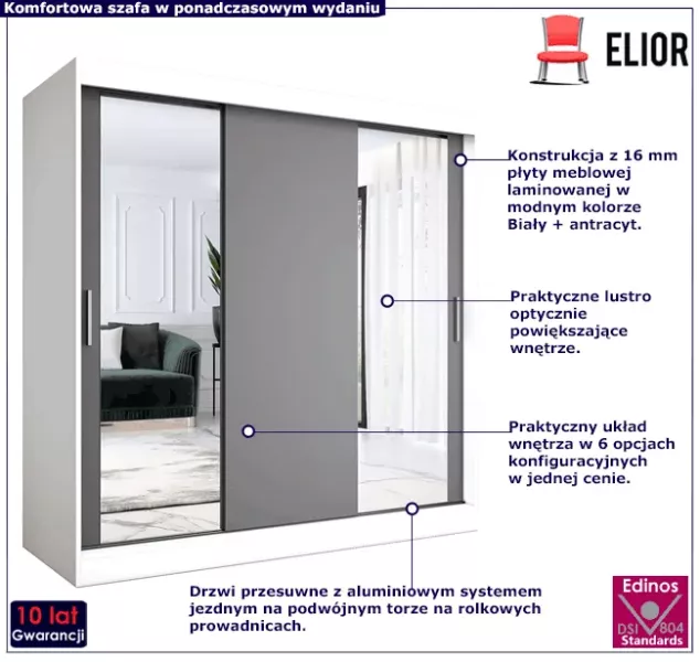Szafa przesuwna biały   antracyt 200 cm - Tilo