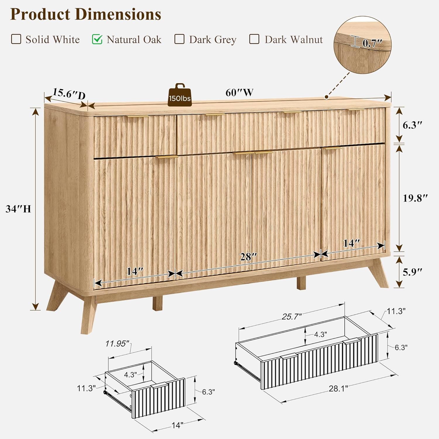 T4TREAM Large Buffet Sideboard Cabinet with Storages, 60 Fluted Modern Buffet Table Coffee Bar Wine Bar Storage Cabinet with 3 Drawers & 4 Doors for Dining Room, Living Room, Hallway(Natural Oak) | with Storages, Coffee Bar, Wine Bar, Storage Cabine