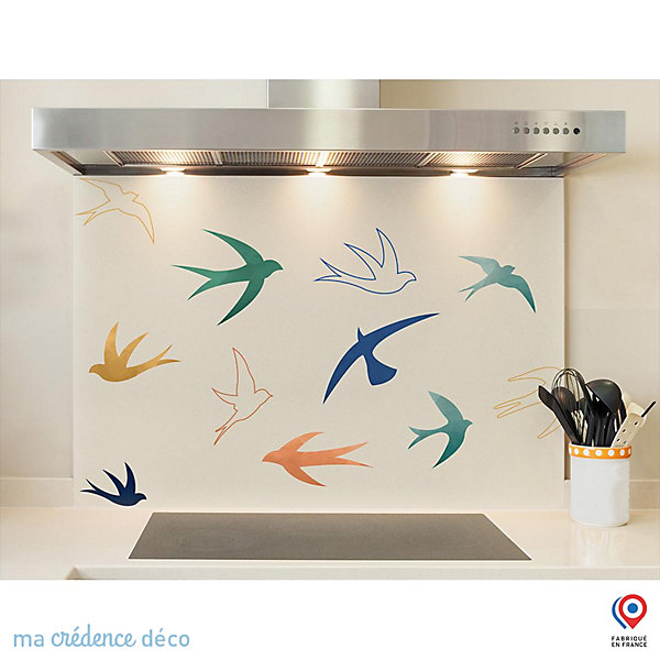 Crédence cuisine fond de hotte Oiseaux aquarelles - Verre trempé - L 90 cm x H 70 cm - MaCrédenceDéco