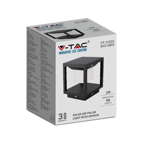 Słupek Ogrodowy Solarny z czujnikiem V-TAC 2W LED czarny IP65 90lm
