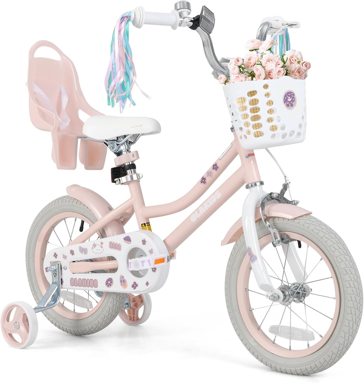 Olakids Kids Bike, 12 14 16 18 20 Inch Toddlers Bike with Doll Seat Basket Adjustable Seat and Handlebar, Handbrake and Coaster Brake, Children's Bicycle for Girls