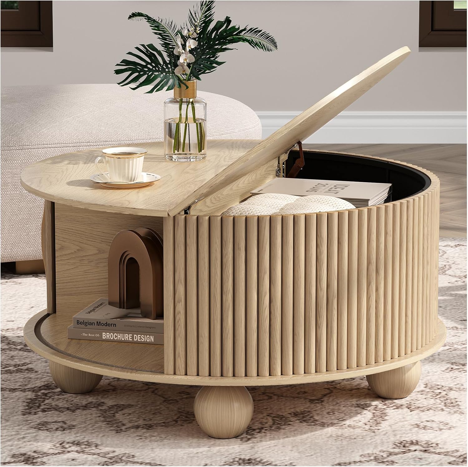 Round Coffee Table with Storage, 31.5 Natural Oak Fluted Drum Center Table, Scandi Japandi Wood Circle Table with Sliding Door & Bun Feet for Living Room