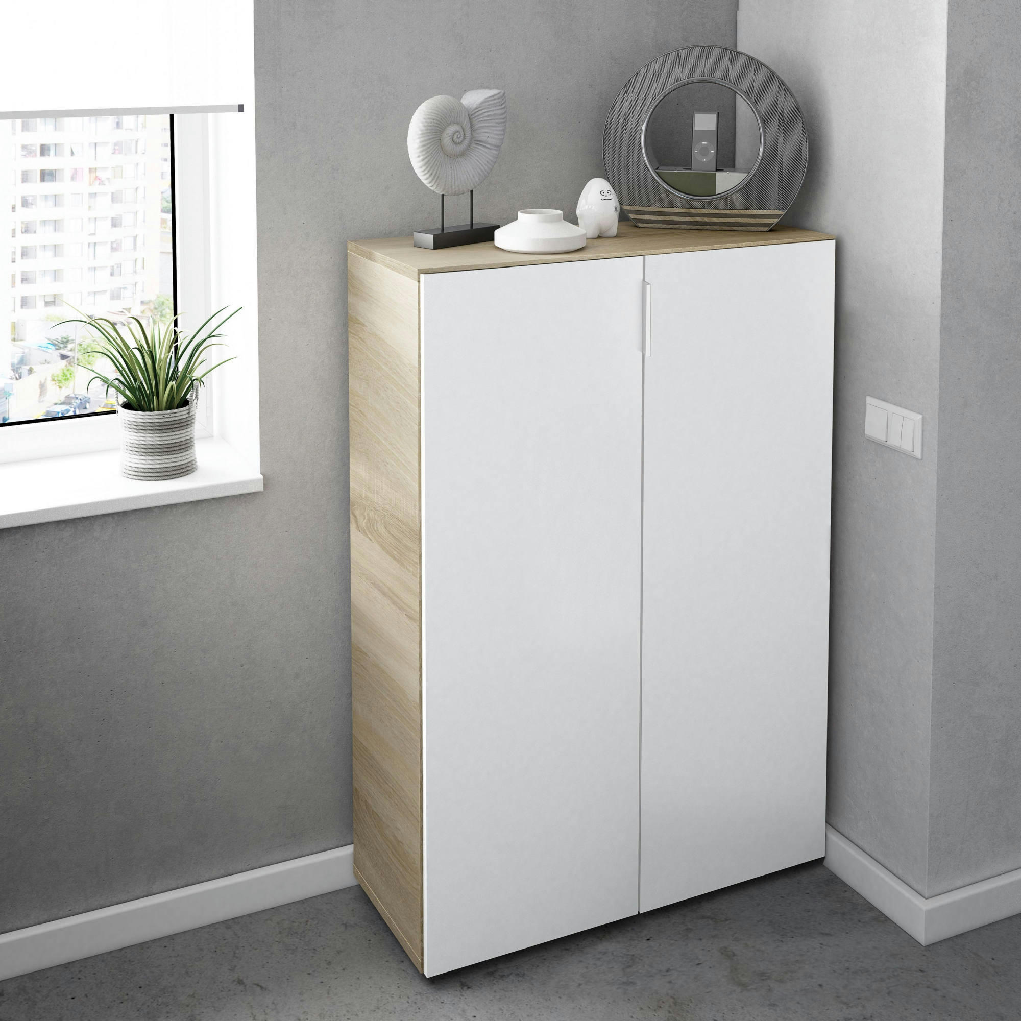 OLATHE - Armoire polyvalente à 2 portes effet chêne et bois blanc