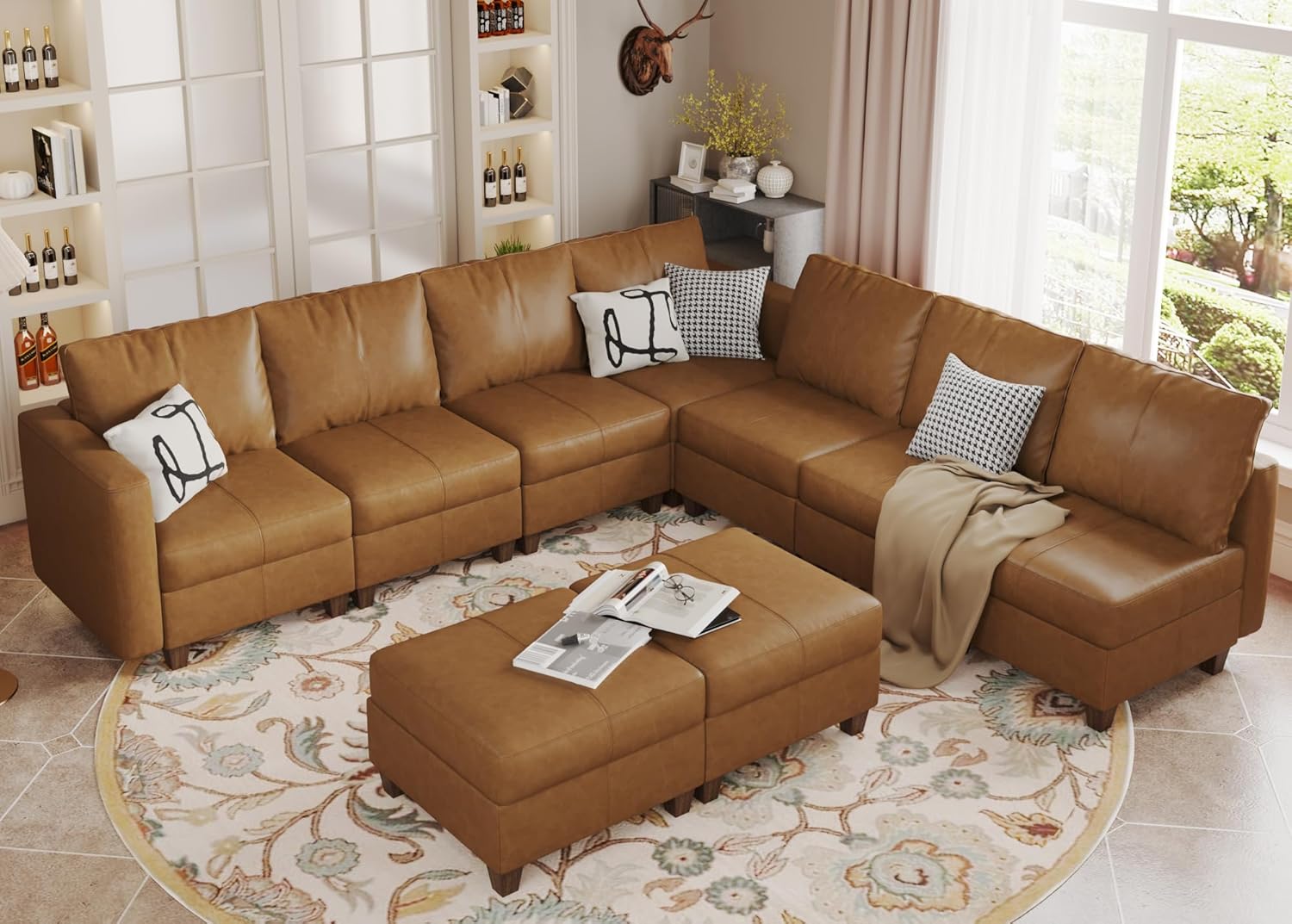 EASE MOOSE Modular Sectional Couch with Storage, Faux Leather Sectional Modular Sofa Sectional Sofa for Living Room，Brown
