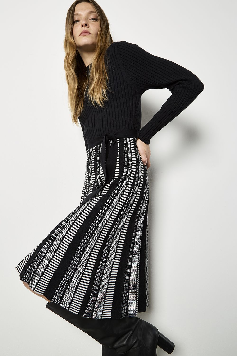 Apricot Dotty Skirt Belted Knit Dress