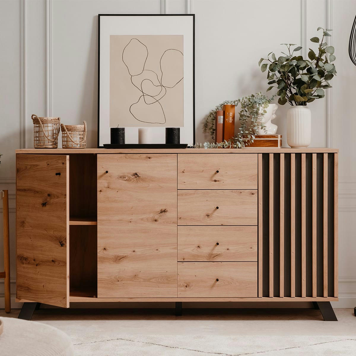 FLAVIA - Buffet 3 portes 4 tiroirs effet chêne, piètement anthracite 160 cm