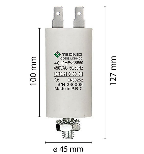 Condensateur de démarrage pour moteurs électriques, 450V, capacité : 40 microfarad, 4 broches / M8