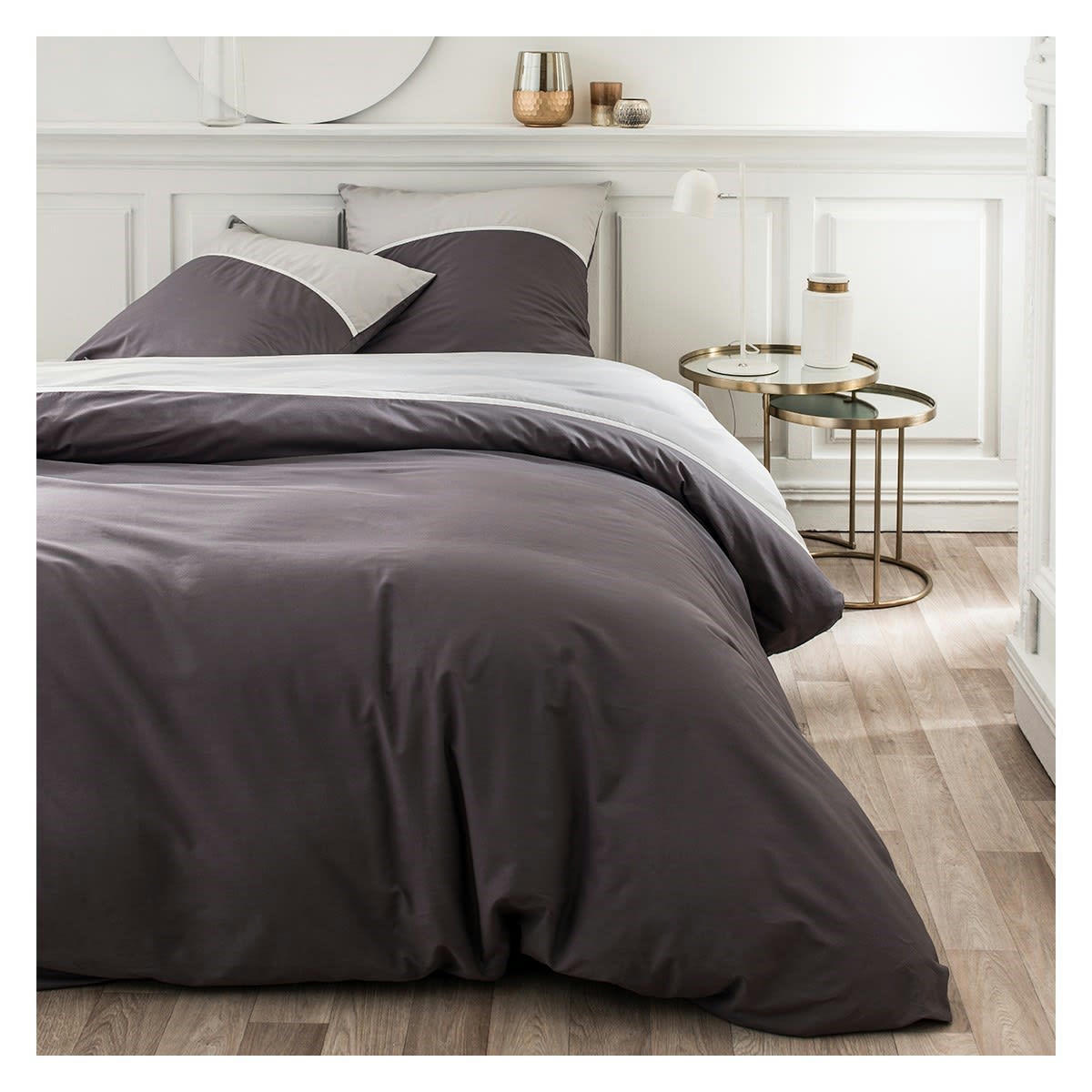 LEONIE - Parure de lit 2 personnes bicolore en Percale de coton Gris 220x240 cm