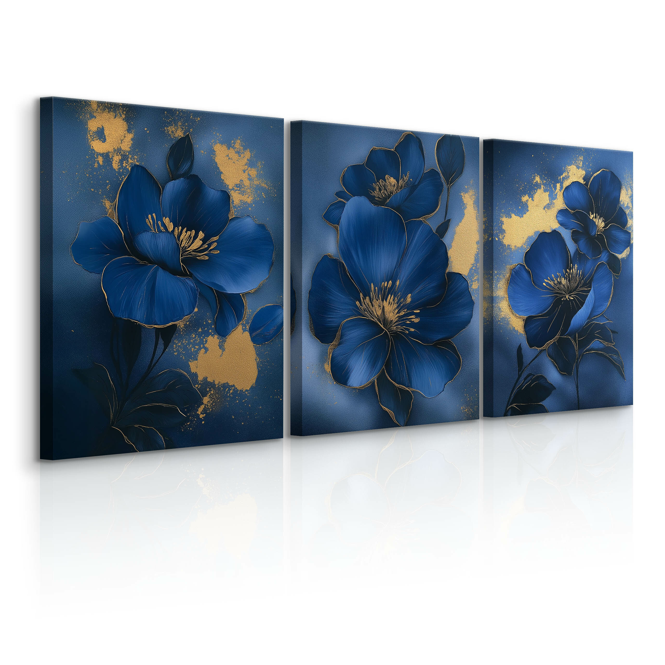 3x Obraz Set Niebieskie Kwiaty W Stylu Glamour 90x40cm