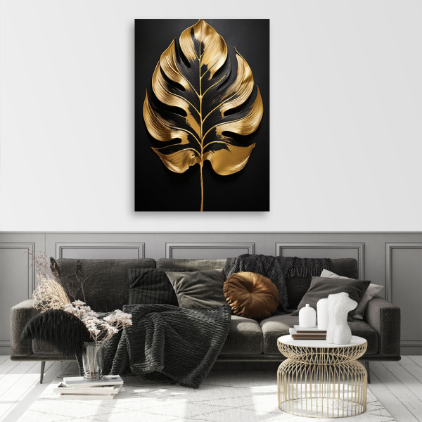 Feeby Obraz na płótnie, Liść Monstery Czarno Złoty 40x60